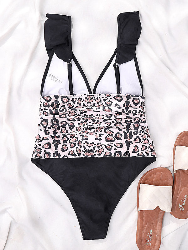 Leopard-Printed Split-Joint Falbala V-Neck One-Piece Swimwear