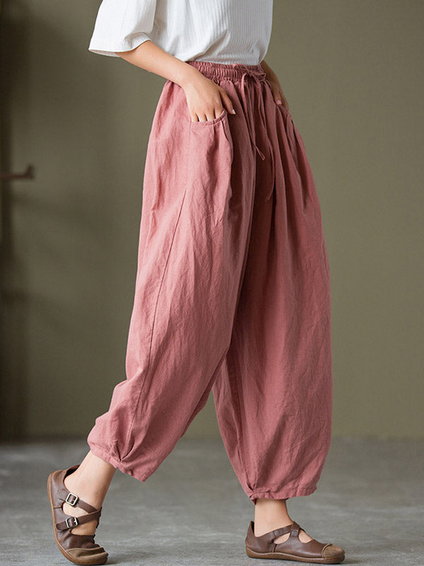 Simple Casual Loose Linen Solid Color Pleated Drawstring Knickerbockers