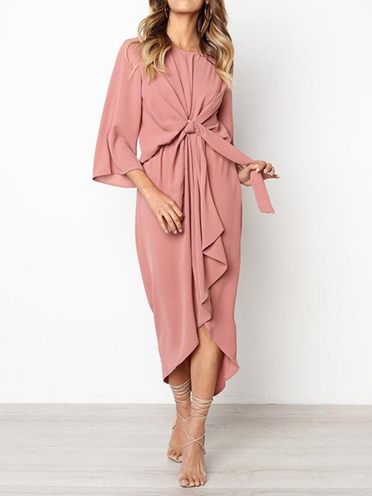 Solid Color Bandage Fabala Long Sleeves Midi Dress