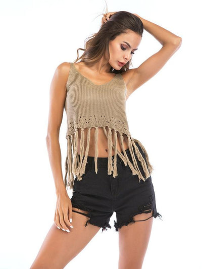 2019 Short Style Sleeveless Fringed Top