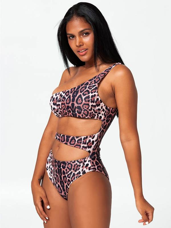 Sexy Single Shoulder Hollow Leopard Print One-Piece Bikini Swimwear