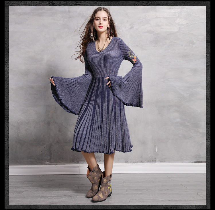 Autumn Spring Boho O-Neck Big Flare Sleeve Embroidery Dresses Vintage Knit Pleated Dress