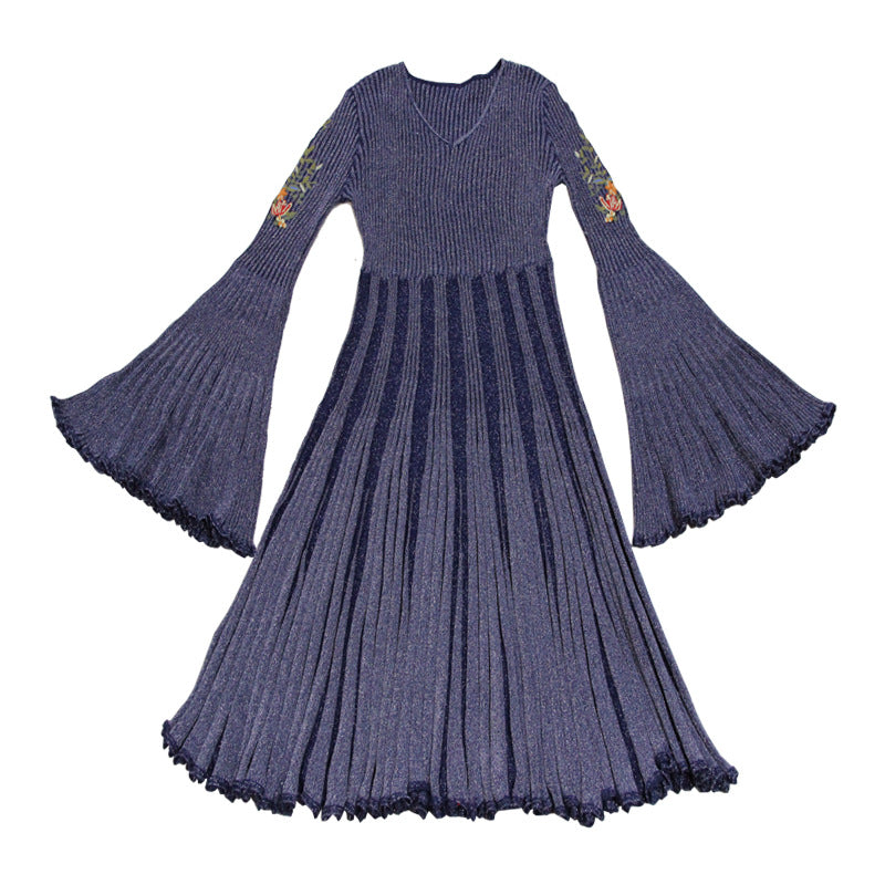 Autumn Spring Boho O-Neck Big Flare Sleeve Embroidery Dresses Vintage Knit Pleated Dress