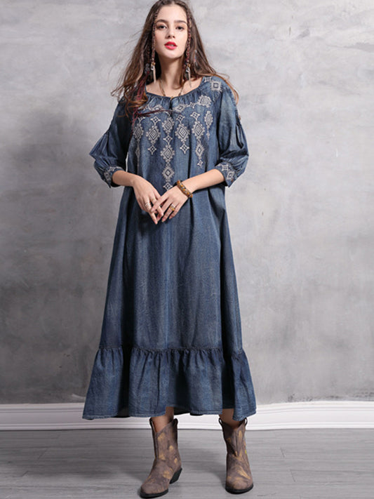 Spring Big size Casual Vintage Autumn Elegant embroidery Loose Female A-line Denim Long Dress