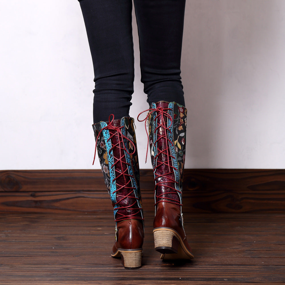 Leisure retro-national style leather boots and Knee Boots