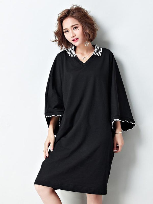 Loose Plus Size Split-Joint Black Midi Dress