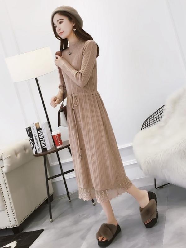 Lace Split-joint Drawstring Base Knitting Midi Dress