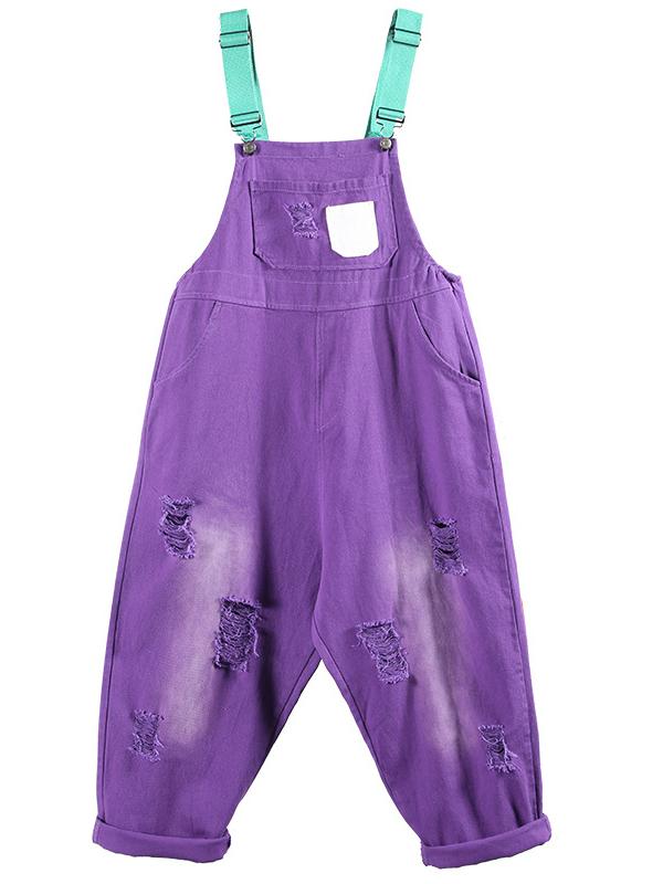 SOLID FRAYED HOLES SUSPENDER JUMPSUITS