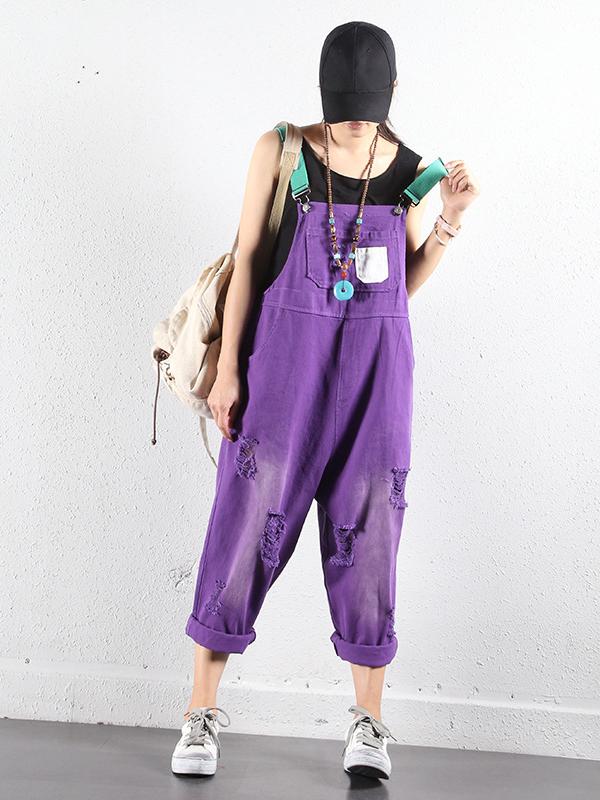 SOLID FRAYED HOLES SUSPENDER JUMPSUITS