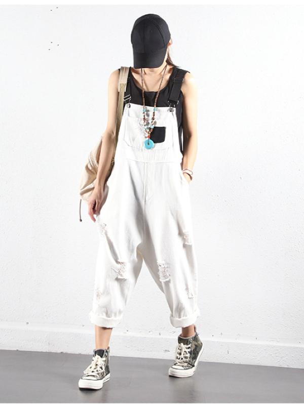 SOLID FRAYED HOLES SUSPENDER JUMPSUITS