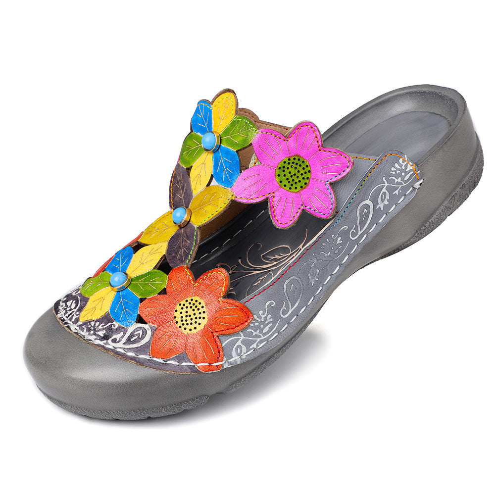 Leather flower pattern retro Ping sandals