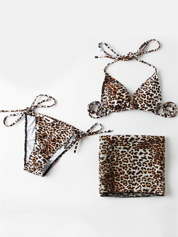 Triangle Tie-Side Leopard Printed Bikini Swimwear+Leopard Cover-Up Three-Pieces Set