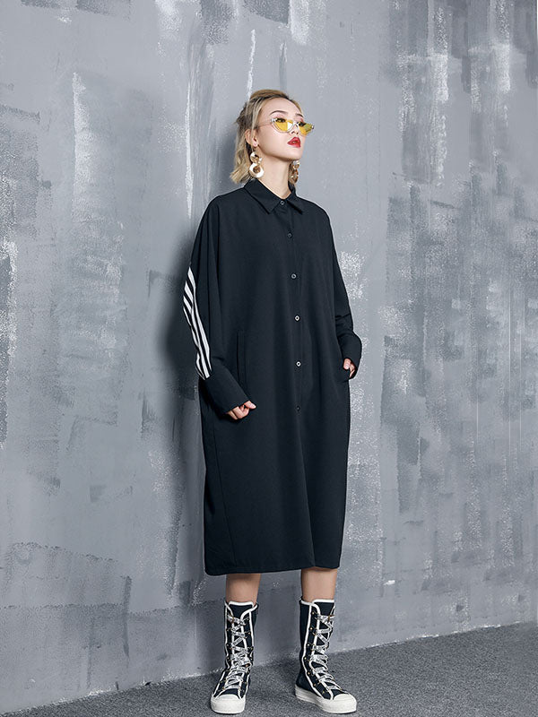 Loose Split-joint Striped Lapel Shirt Dress