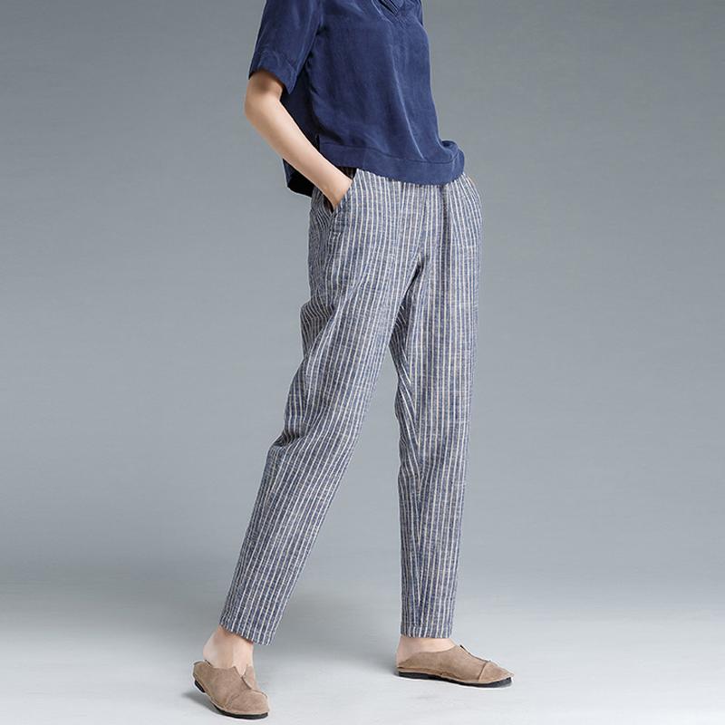 Ankle Length Blue Stripe Literature Cotton Linen Women Pants