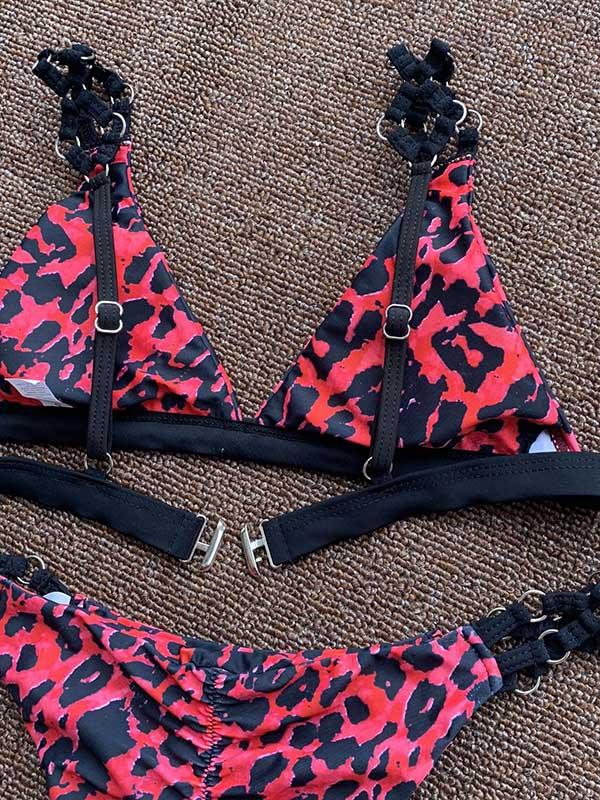 Leopard Print Embellished Split Bikini Swimsuit