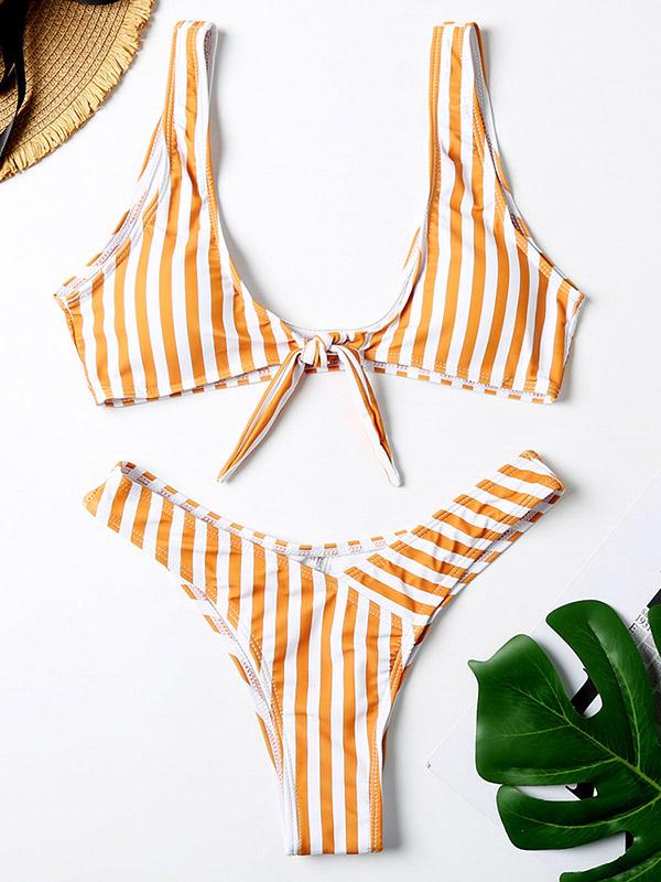 Polka-Dot Knotted Split Bikini Swimsuit