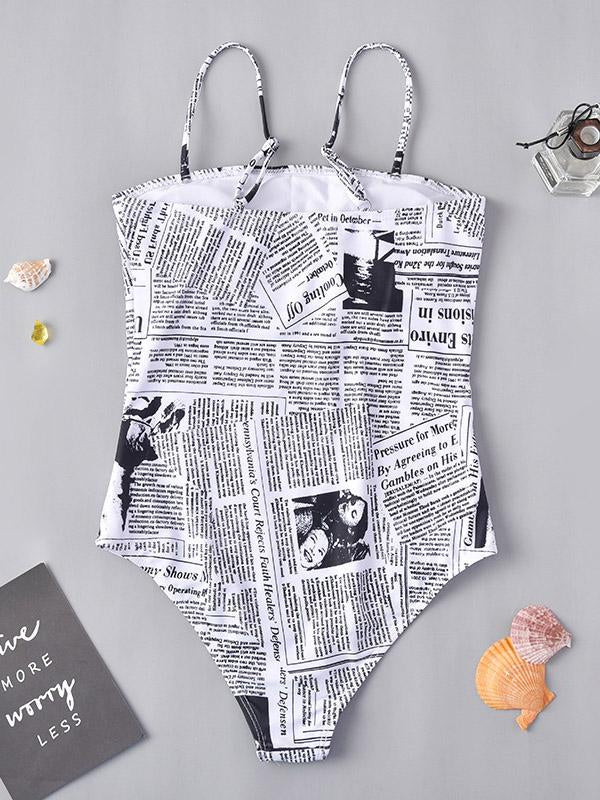 Newspaper-Print One-Piece Swimwear