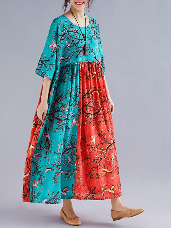 Plus Size Flower Print Split-joint Round-neck Long Dress