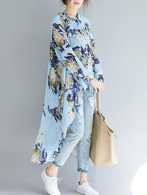 Loose Cropped Flower Printed Long Shirt