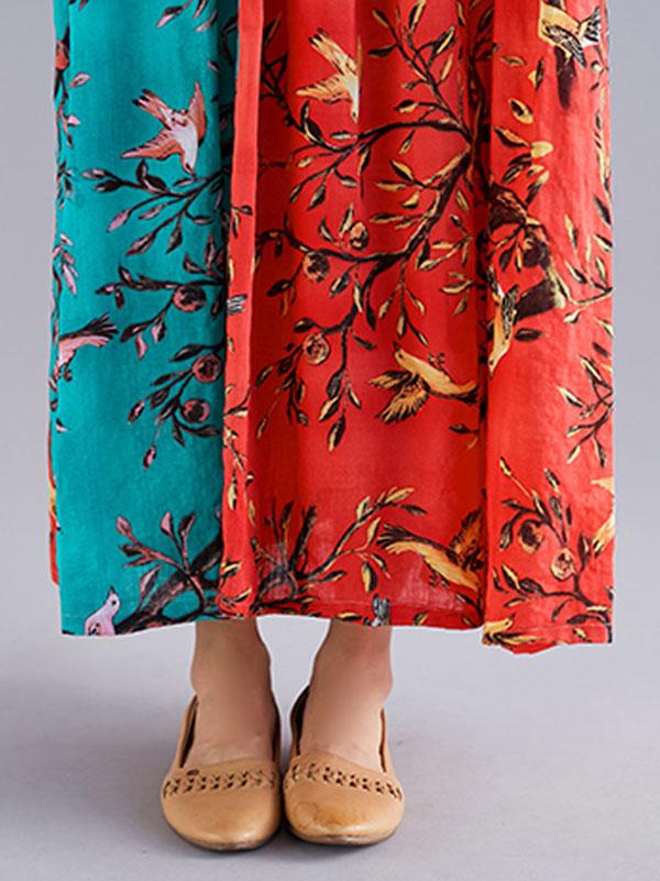 Plus Size Flower Print Split-joint Round-neck Long Dress