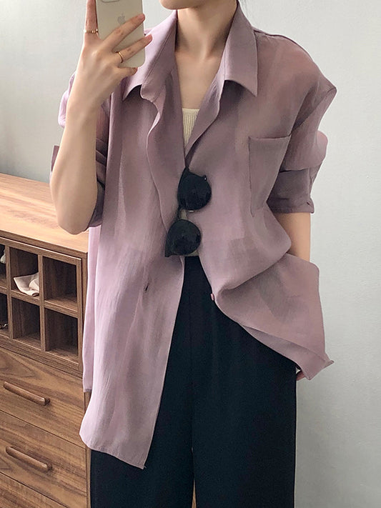 Simple Loose Long Sleeves Solid Color Thin Blouse