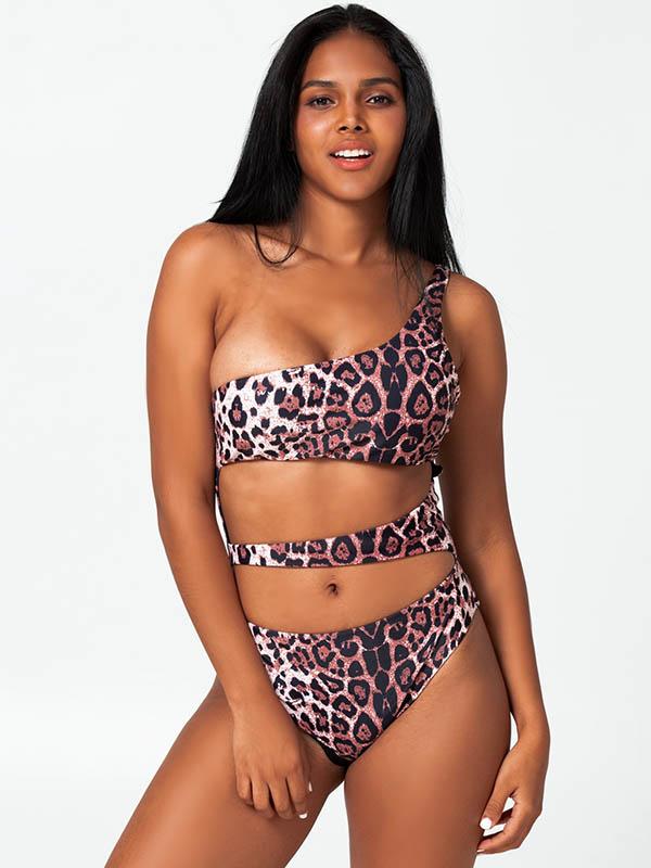 Sexy Single Shoulder Hollow Leopard Print One-Piece Bikini Swimwear