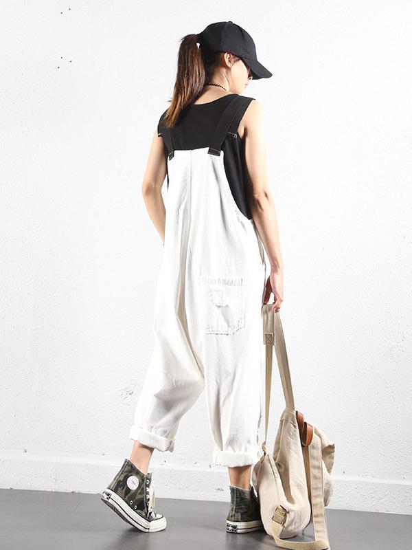 SOLID FRAYED HOLES SUSPENDER JUMPSUITS