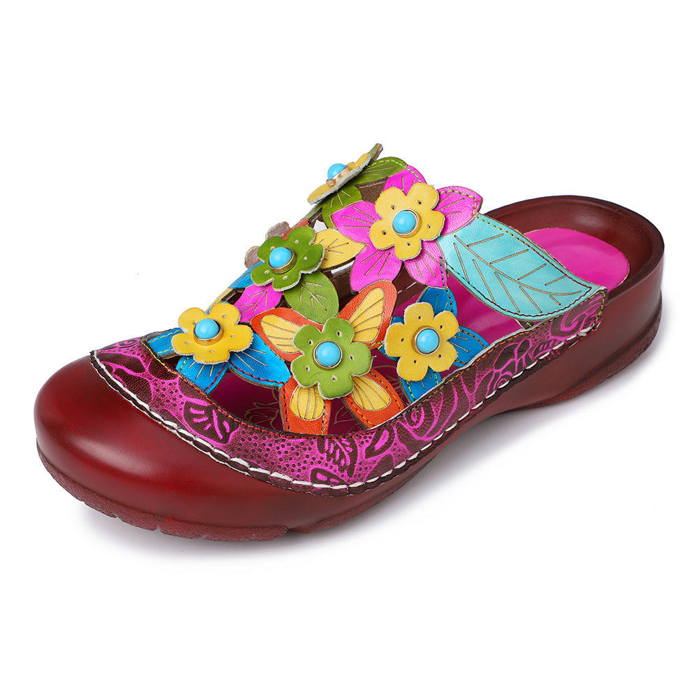 Retro flower genuine leather folk slippers