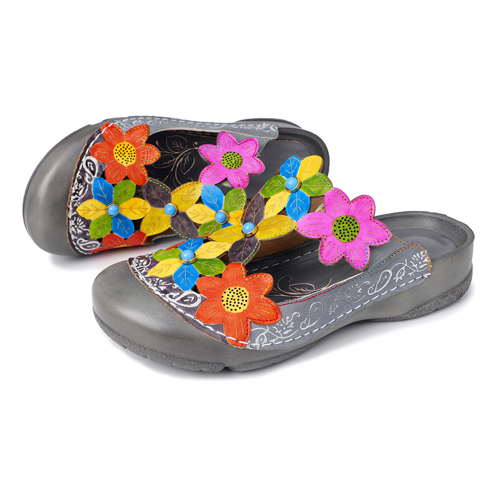 Leather flower pattern retro Ping sandals