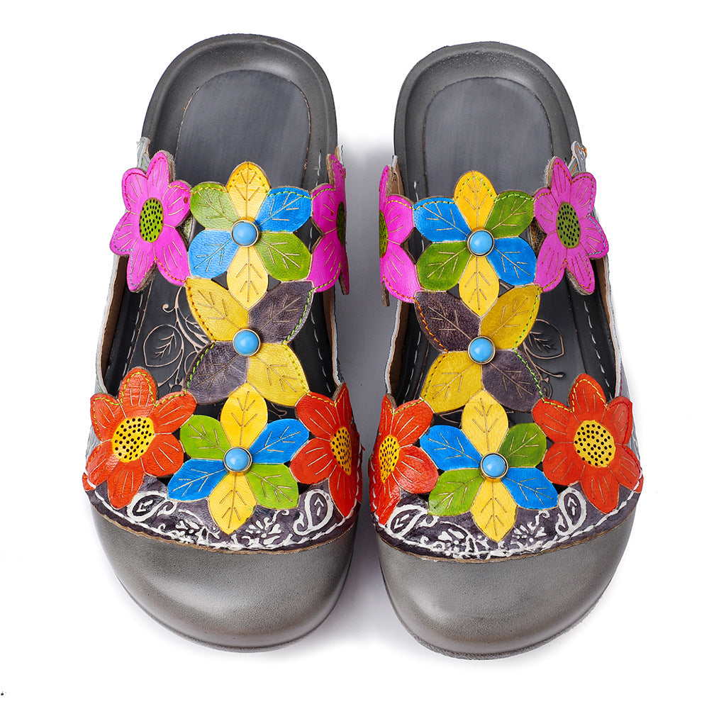 Leather flower pattern retro Ping sandals