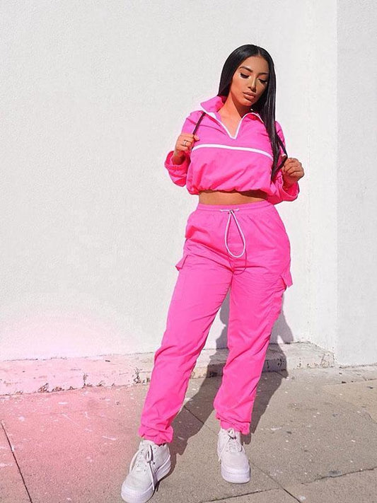 Zipper Crop Sweatershirt And Track Pants Suits