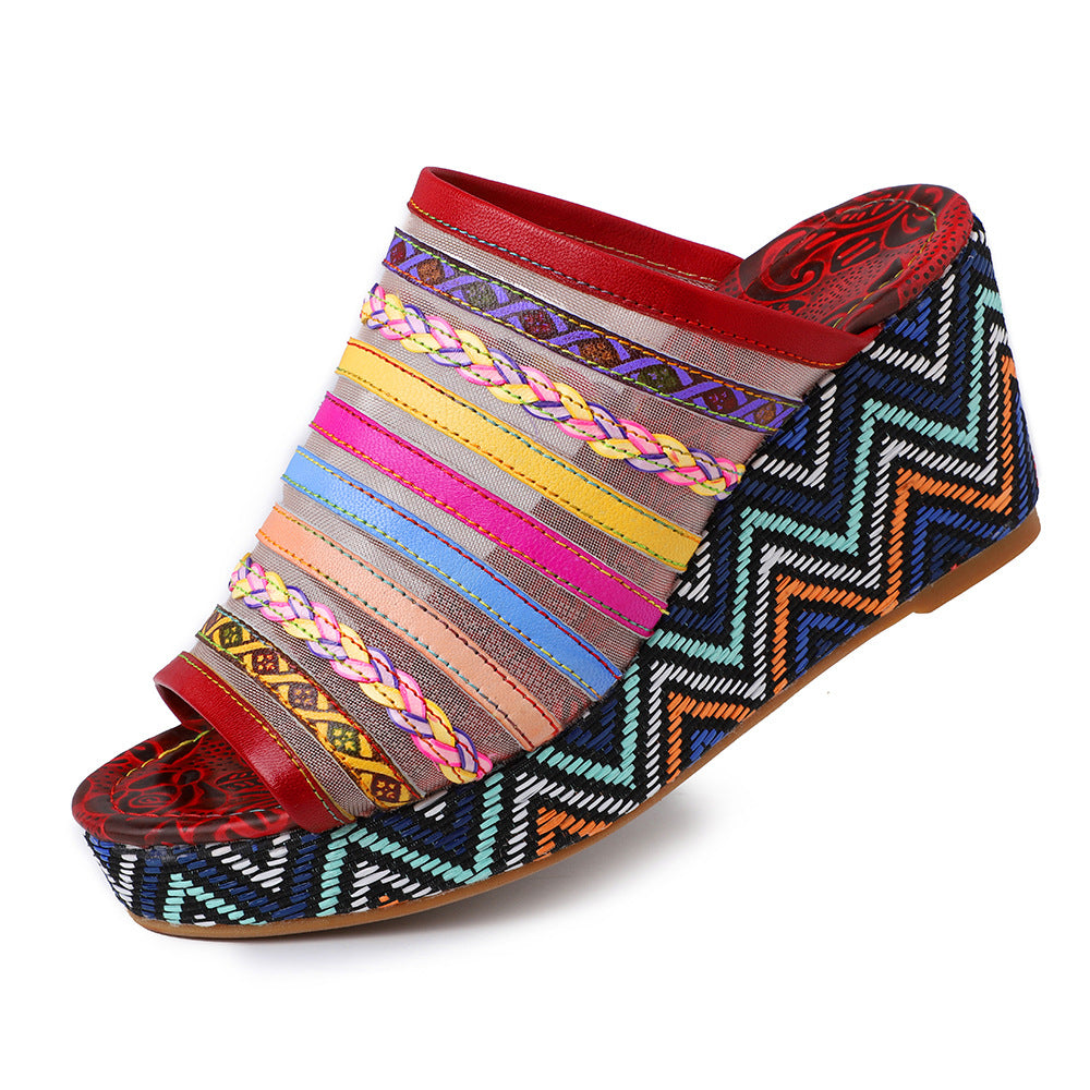 Colored striped flower leather sandals