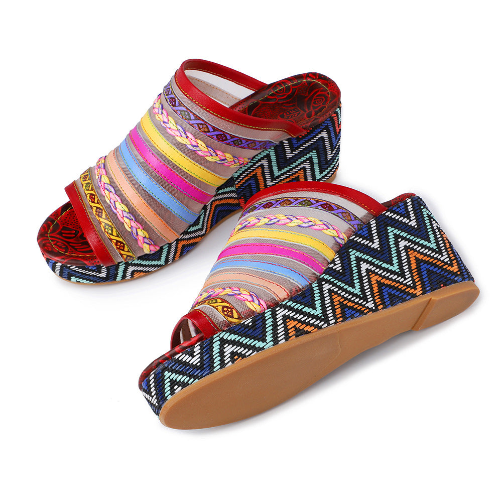 Colored striped flower leather sandals