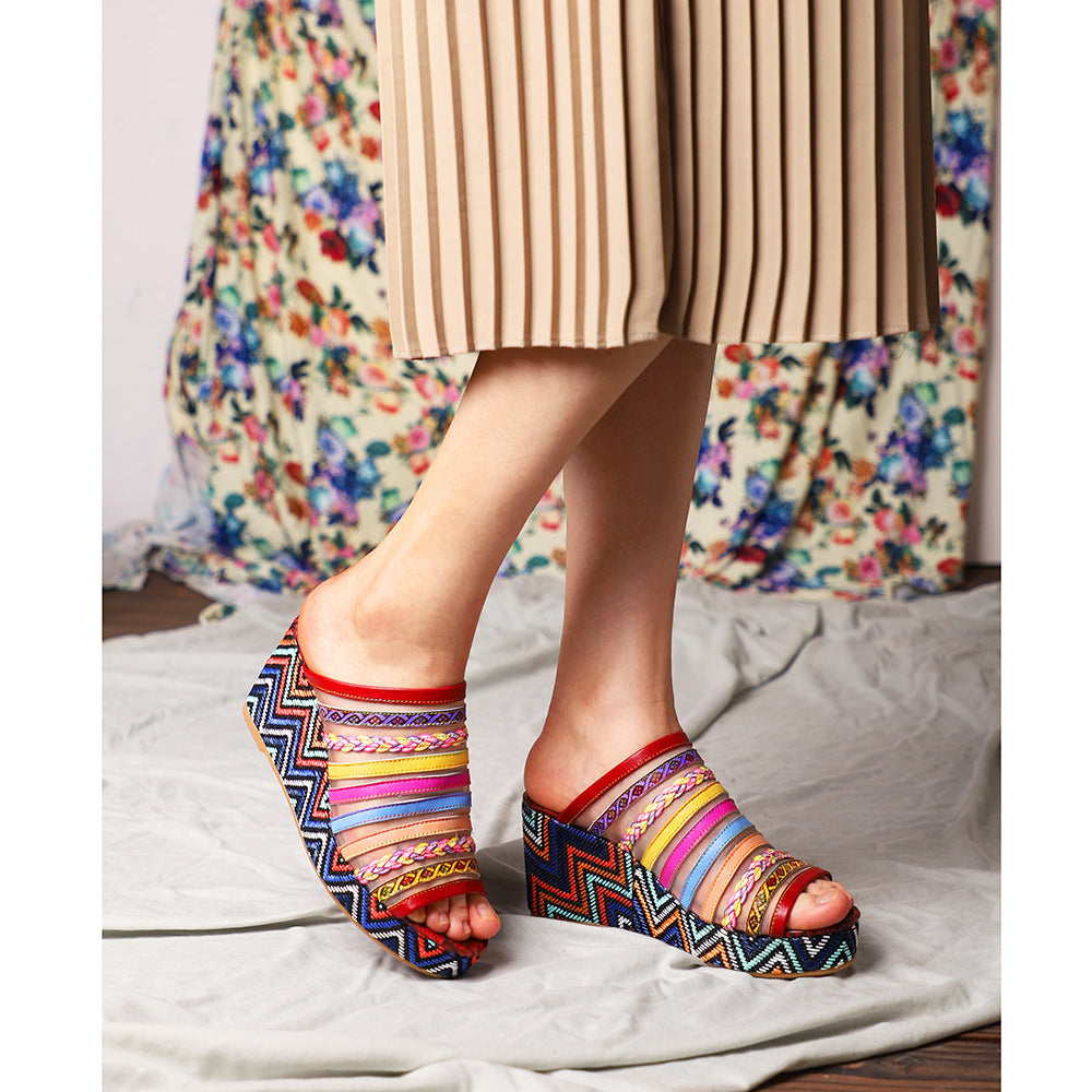 Colored striped flower leather sandals