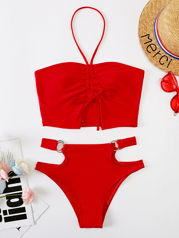 Red Hollow Drawstring Halterneck Bikini Swimsuit