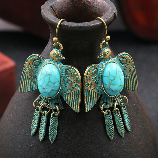 Retro earrings long bird eagle leaves turquoise earrings