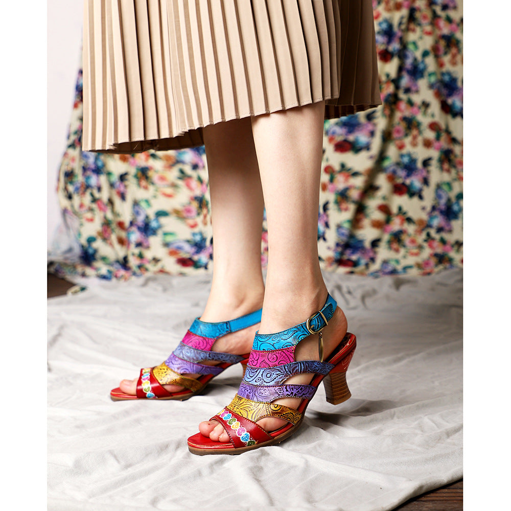 Handmade color stripe super soft and comfortable sandals with heels