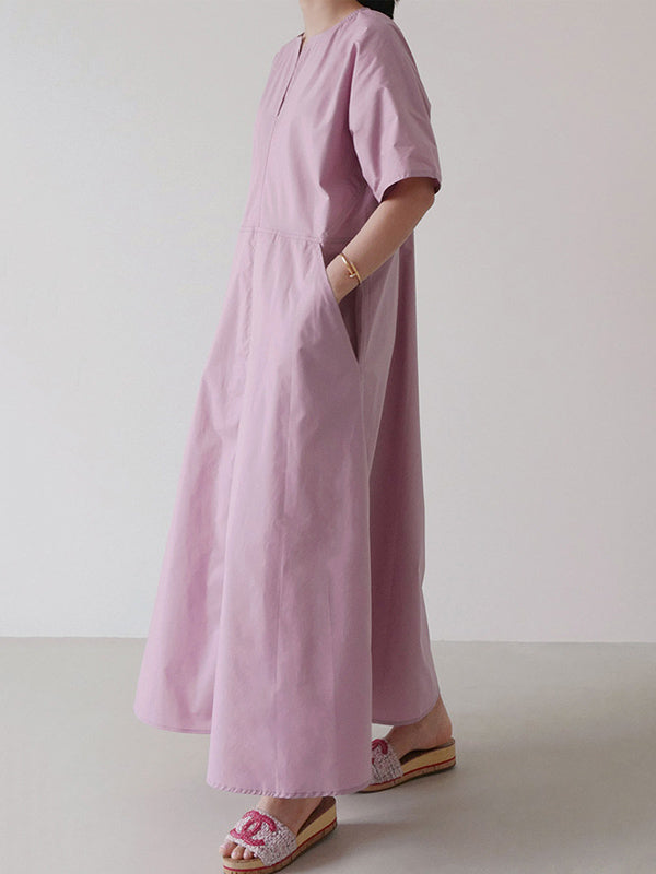 Casual Loose Solid Color Pleated V-Neck Half Sleeves Midi Dress