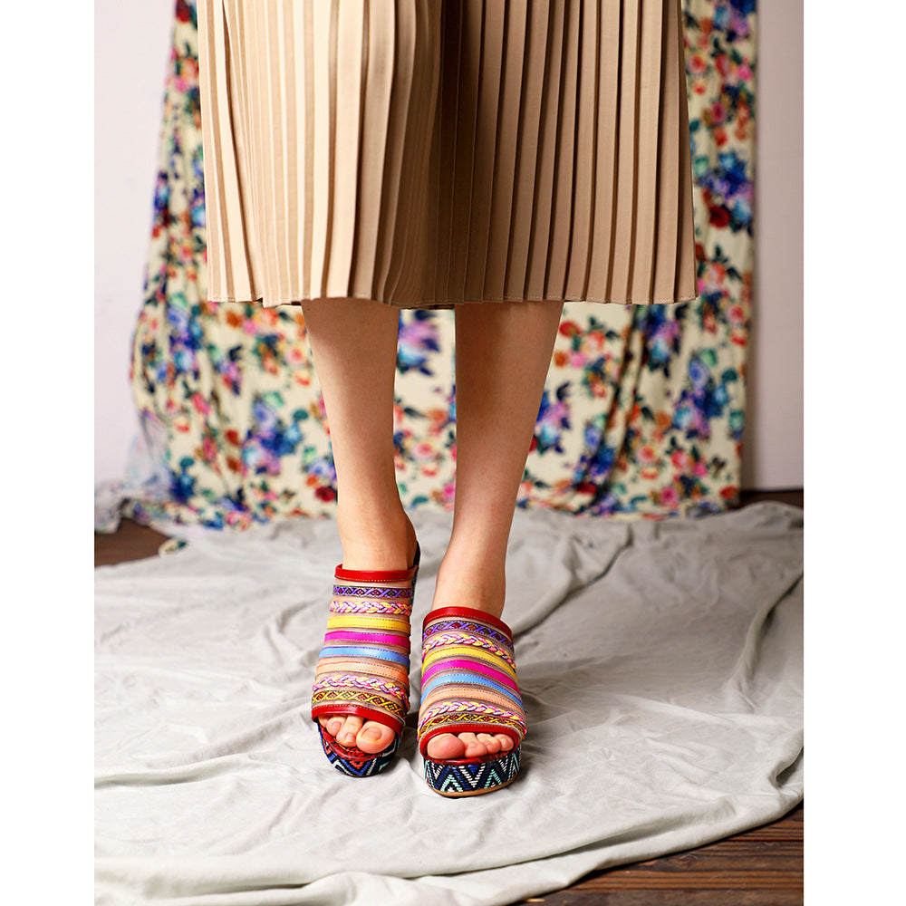 Colored striped flower leather sandals