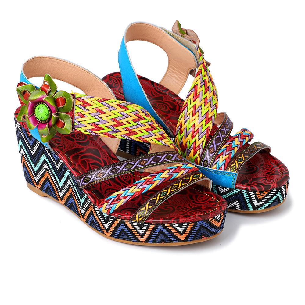 Weaving sandals with thick soles by retro-national style