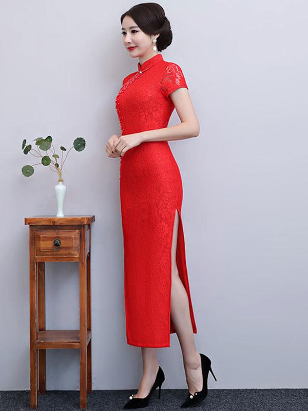 Pure Color Split-side Long Cheongsam