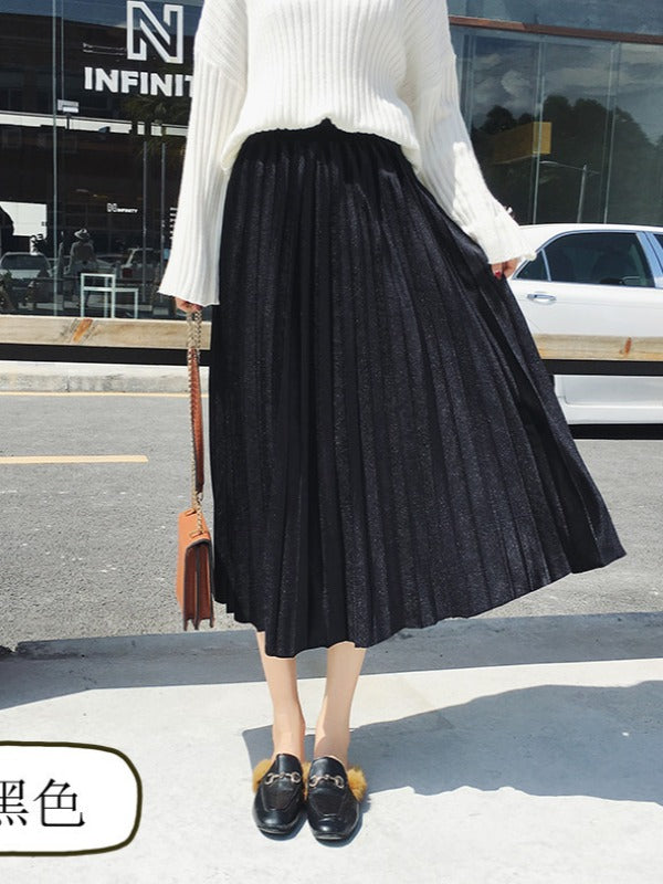 Solid Color High-Waist Pleated A-Line Skirt