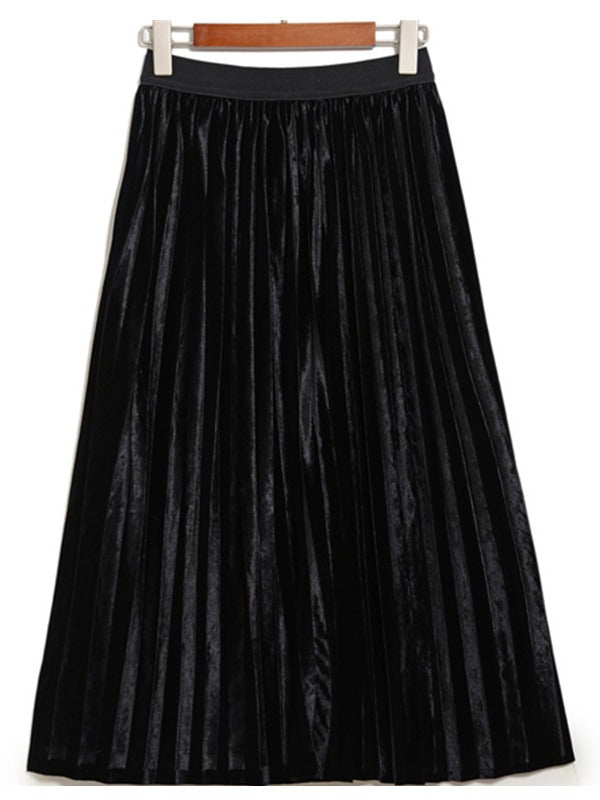 Solid Color High-Waist Pleated A-Line Skirt