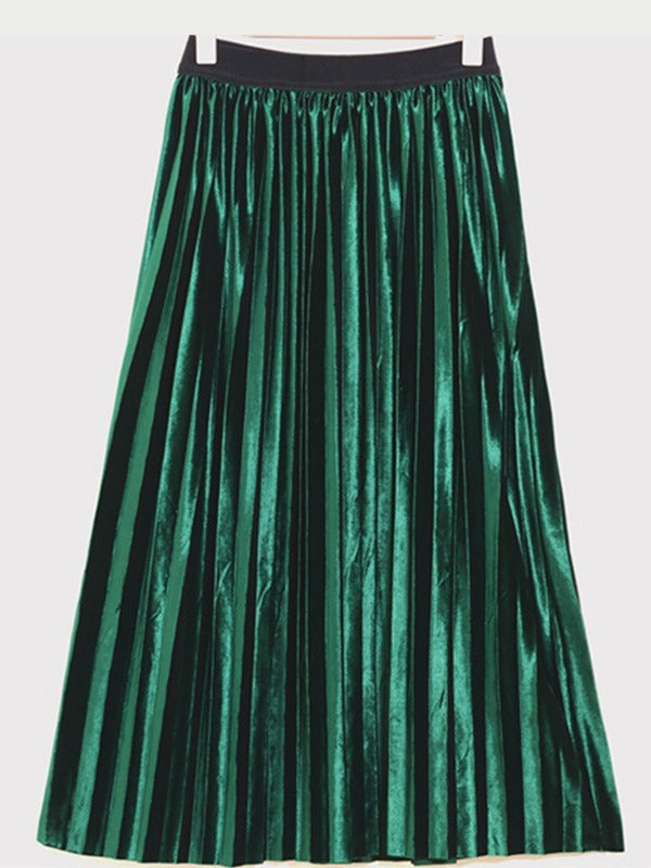 Solid Color High-Waist Pleated A-Line Skirt