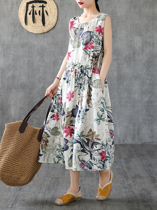 NATIONAL FLOWER PRINTED SLEEVELESS LONG DRESS