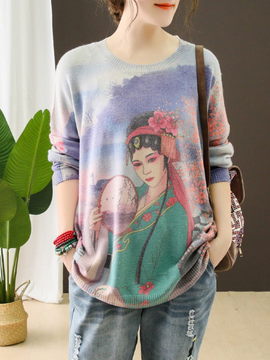 VINTAGE OPERA FIGURE PRINTED ROUND-NECK SWEATER