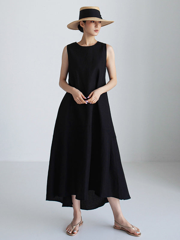 Fashion Loose Solid Color Round-Neck Sleeveless Midi Dress