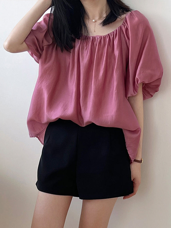 Urban Loose Solid Color Puff Sleeves Off-The-Shoulder T-Shirt