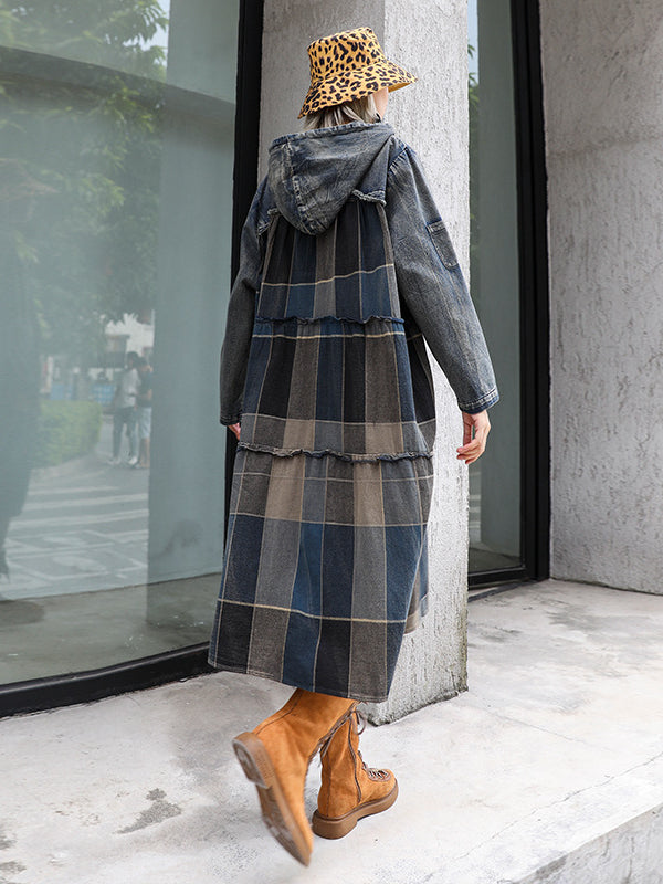 VINTAGE PLAID SPLIT-JOINT HOODIE MIDI DRESS