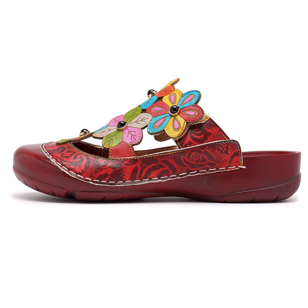 Liangtuo Nu's retro flower, genuine leather National Style Slippers